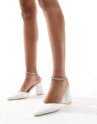 Bridal Nella embellished ankle strap block heeled shoes in ivory-White