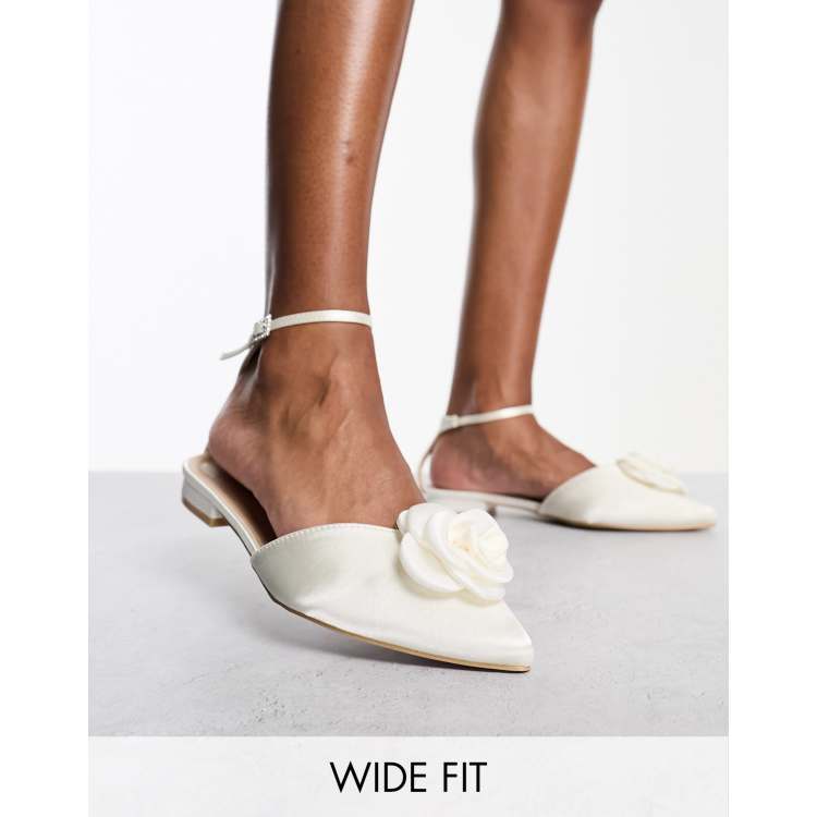 Be Mine Wide Fit Bridal River flat shoes with corsage in ivory satin