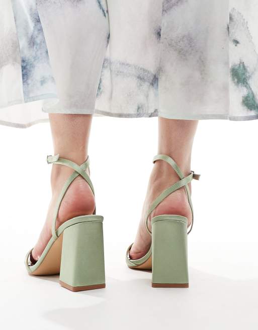 Be Mine Wide Fit Bridal Wink mid block heeled sandals in sage ASOS