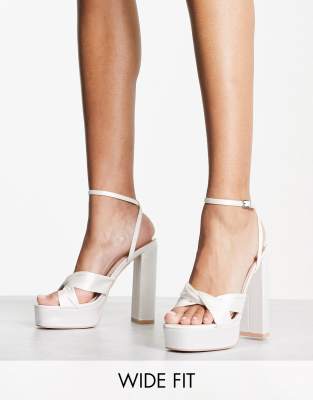 Be Mine Wide Fit Margot platform heeled sandals in ivory satin - ASOS Price Checker