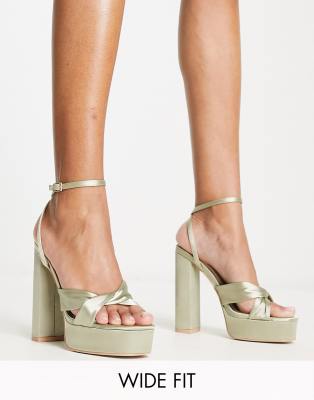 Be Mine Wide Fit Margot platform heeled sandals in sage satin - view 1