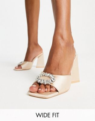 Be Mine Wide Fit Mercyy Mules With Embellishment In Blush-green