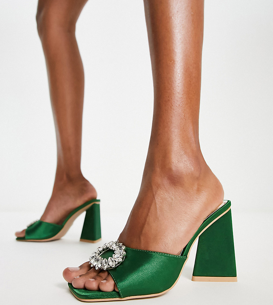 Be Mine Wide Fit Mercyy mules with embellishment in emerald-Green