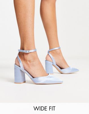 Be Mine Wide Fit Neima block heeled shoes in pale blue satin  - ASOS Price Checker