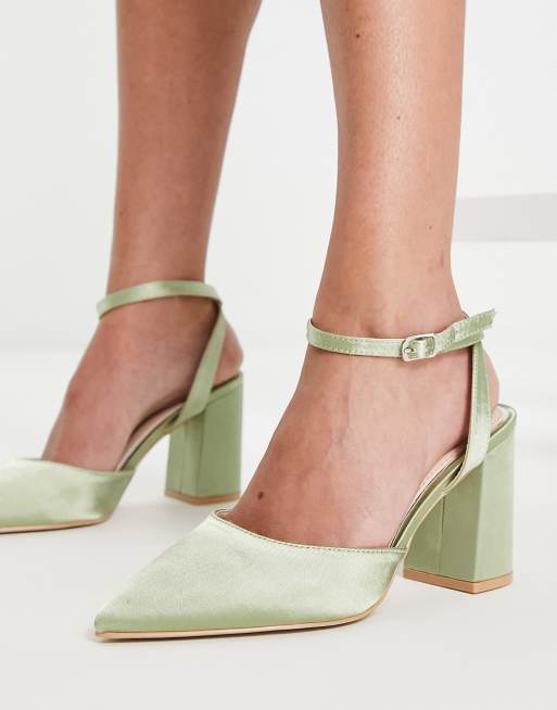 Be Mine Wide Fit Neima block heeled shoes in sage green satin