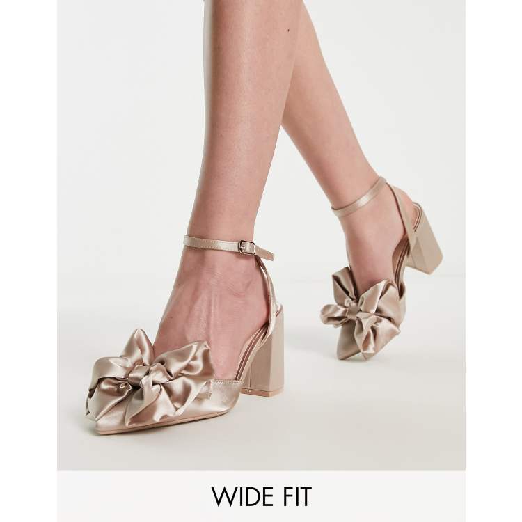 Be Mine Wide Fit Vamikaa bow heeled shoes in blush satin | ASOS