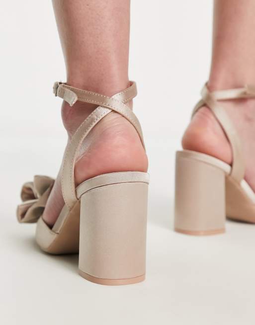 Be Mine Wide Fit Vamikaa bow heeled shoes in blush satin | ASOS