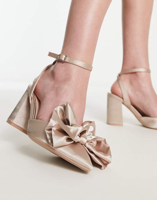 Be Mine Wide Fit Vamikaa bow heeled shoes in blush satin | ASOS