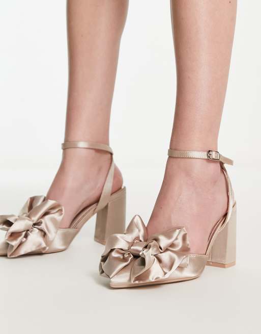 Be Mine Wide Fit Vamikaa bow heeled shoes in blush satin | ASOS