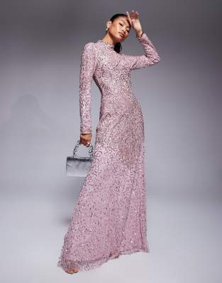Beauut - Alazne - Hochgeschlossenes Maxikleid in Eisrosa mit Pailletten