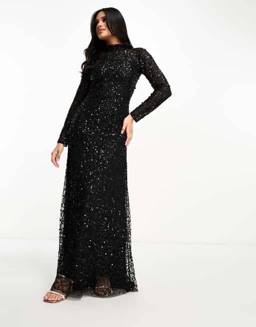 Beauut all over embellished modest maxi dress in black