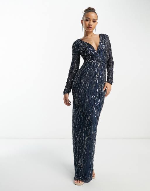 Navy Sequin Embellished Long Sleeve Maxi Dress