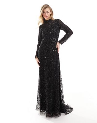 allover embellished modest maxi dress in black
