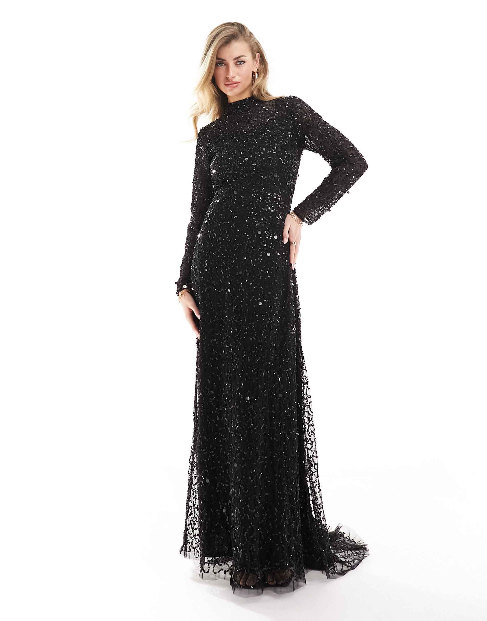 beauut allover embellished modest maxi dress in black
