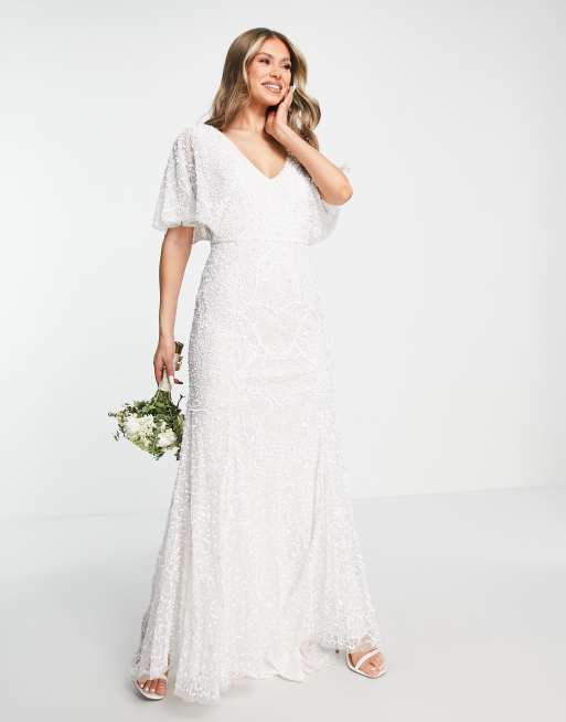Beauut Bridal all over embellished beaded maxi dress with frill detail in white