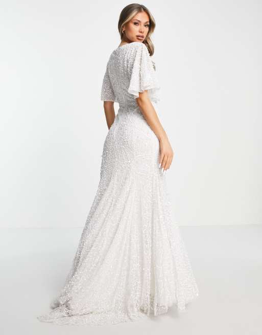 Beauut Bridal all over embellished beaded maxi dress with frill detail in white