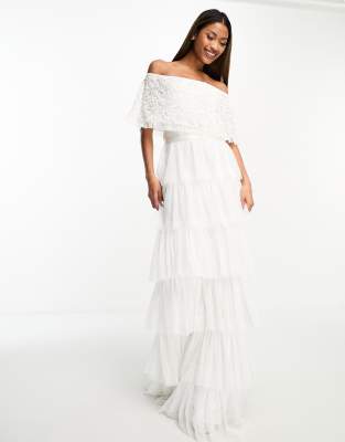 White Lace Bardot Ruffle Tiered Dress