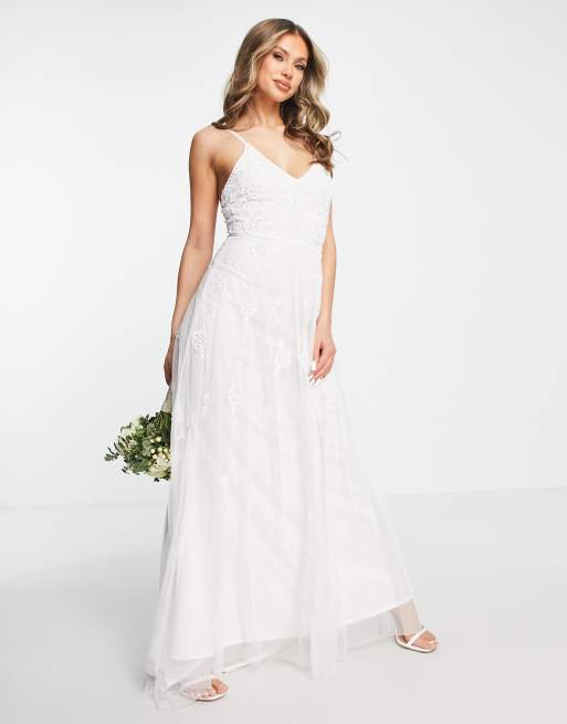 Beauut Bridal – Biała zdobiona sukienka maxi na ramiączkach z trenem 