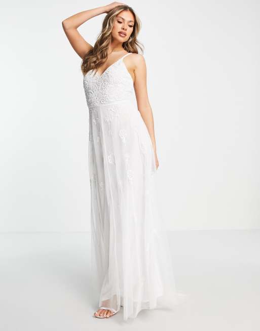 White evening store gown with train