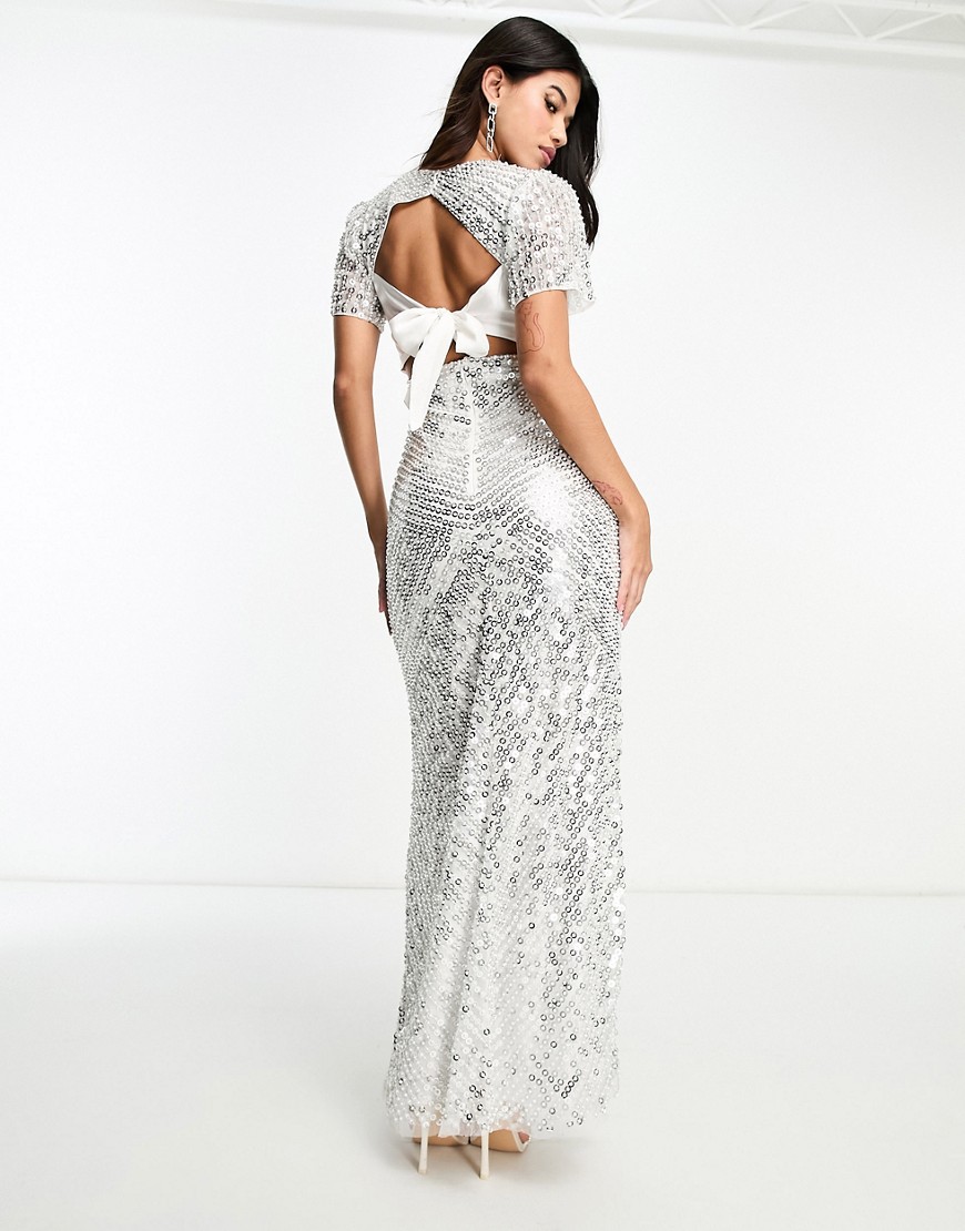 Beauut Bridal embellished maxi dress with bow back in cream and silver-White