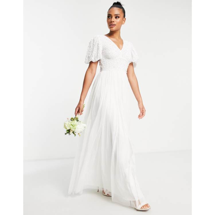 Beauut Bridal emellished bodice maxi dress with flutter sleeve and tulle skirt in white