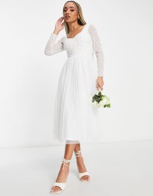 Bridal emellished bodice midi skater dress with tulle in white