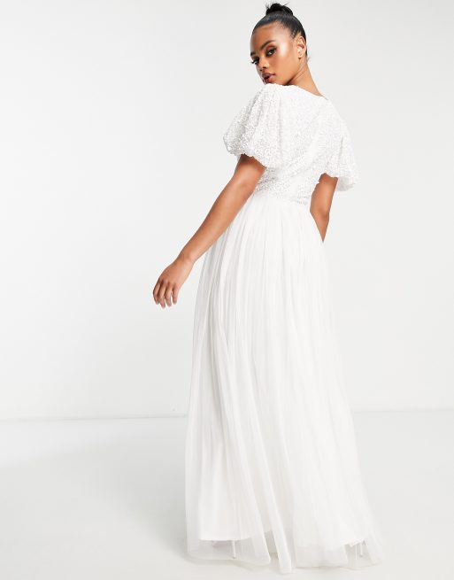 Beauut – Bridal – Maxikleid in Weiß mit verziertem Oberteil, Flügelärmeln und Tüll-Rock , 2 von 4
