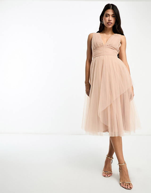 Beauut - bridal midi tulle dress in taupe brown