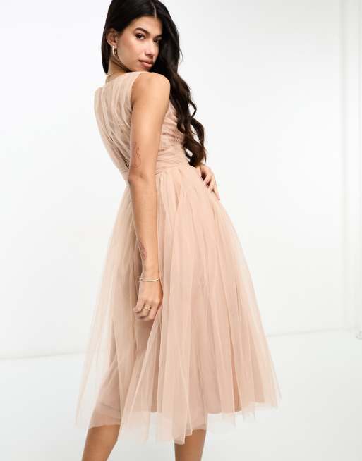 High-low multi-layer tulle skirt party dress with mid-belt and