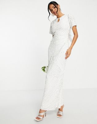 Beauut Bridal placement beaded maxi dress with big bow back in white - ASOS Price Checker
