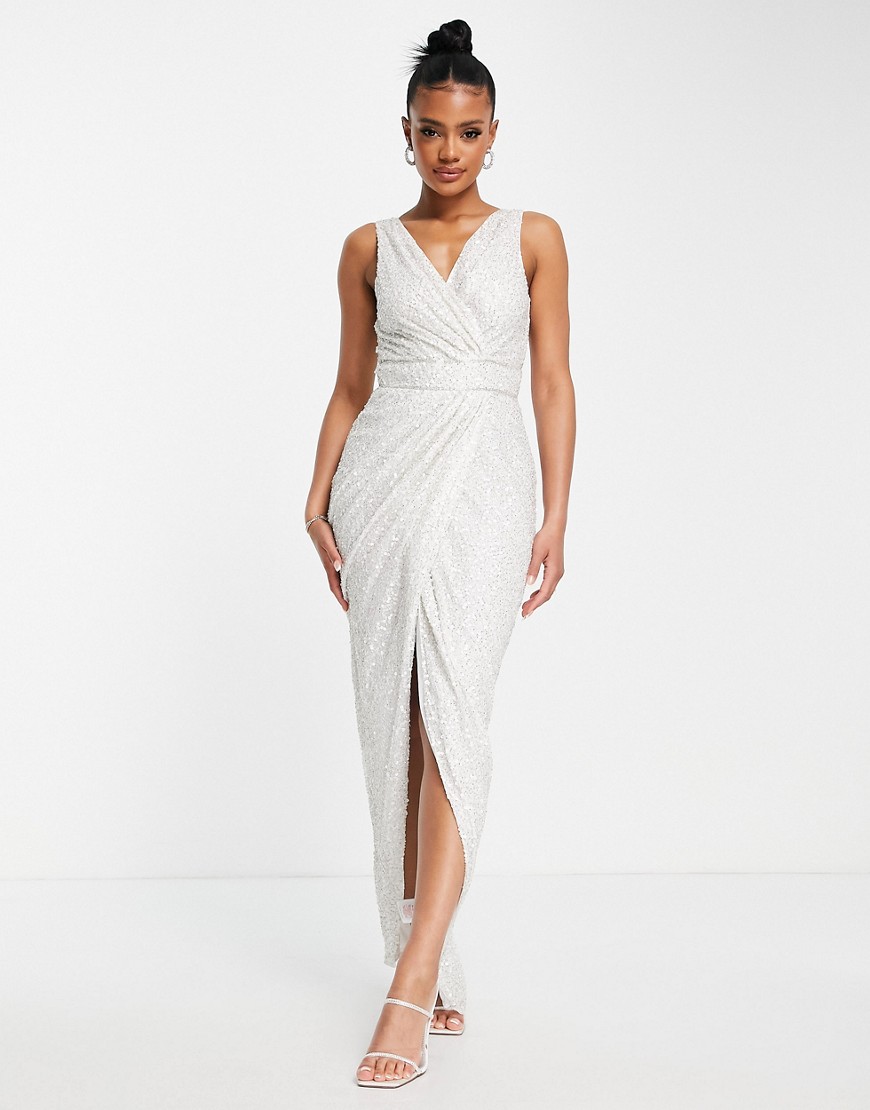Beauut Bridal wrap maxi dress in white with irridescent embellishment
