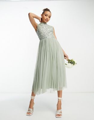 Beauut Bridesmaid 2 in 1  embellished maxi dress with full tulle skirt in sage  - ASOS Price Checker