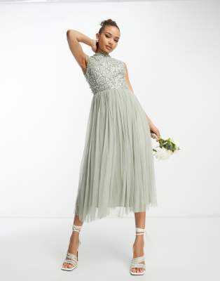 Beauut Bridesmaid 2 in 1 embellished maxi dress with full tulle skirt in sage-Green