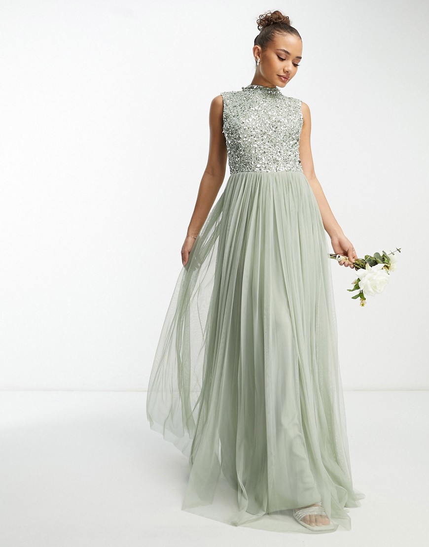 Bridesmaid 2 in 1 embellished maxi dress with full tulle skirt in sage-Green