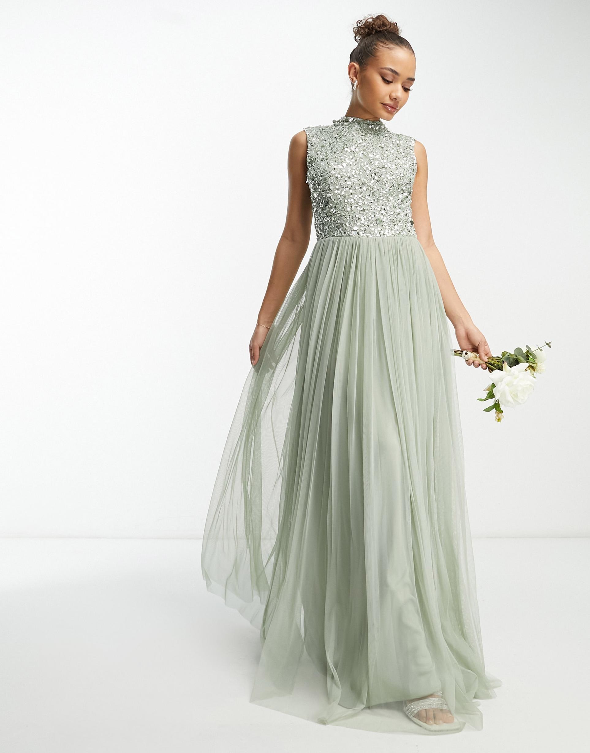 beauut bridesmaid 2 in 1 embellished maxi dress with full tulle skirt in sage