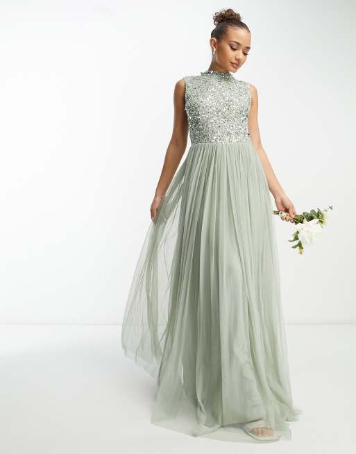 Beauut Bridesmaid 2 in 1 embellished maxi dress with full tulle skirt in sage ASOS