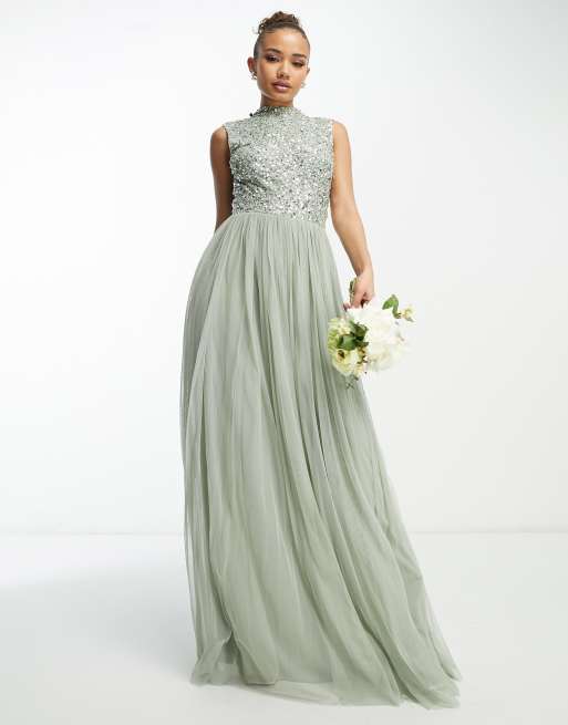 Beauut Bridesmaid 2 in 1 embellished maxi dress with full tulle skirt in sage