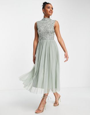 Beauut Bridesmaid 2 in 1 embellished midi dress with full tulle skirt in sage  - ASOS Price Checker