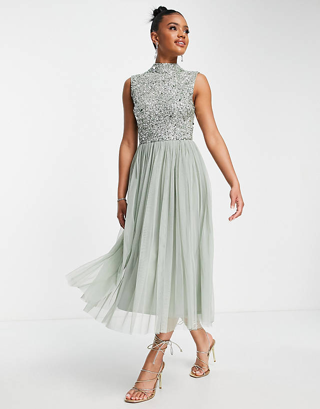 Beauut - bridesmaid 2 in 1 embellished midi dress with full tulle skirt in sage