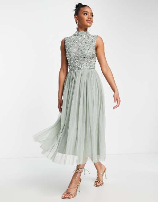 Asos high neck embellished shop crop top tulle midi dress