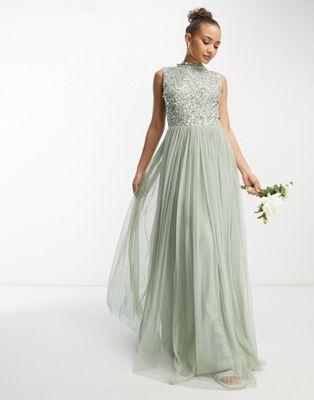 Beauut Bridesmaid 2 In 1 Embellished Midi Dress With Full Tulle Skirt In Sage-green