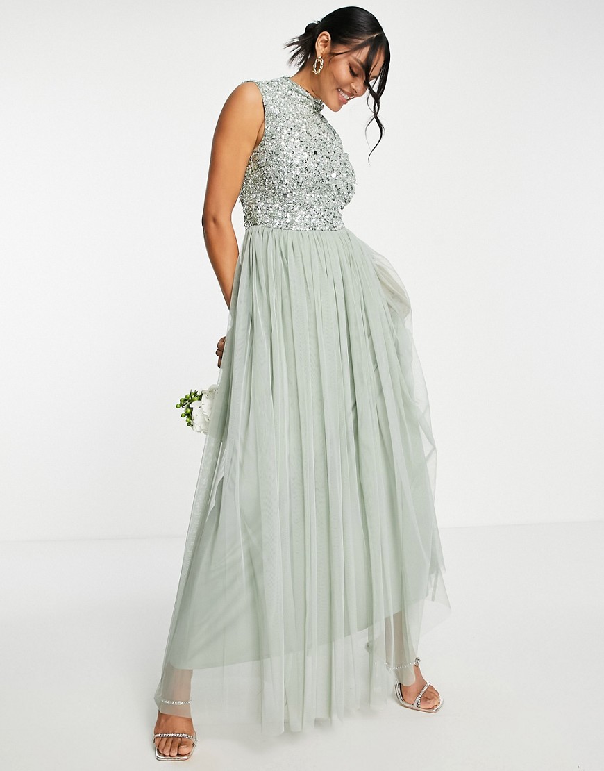 Beauut Bridesmaid 2 In 1 Embellished Midi Dress With Full Tulle Skirt In Sage-green