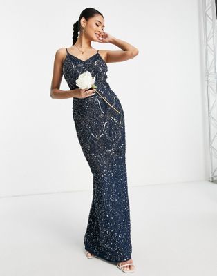 Beauut Bridesmaid all over embellished cami maxi dress in navy