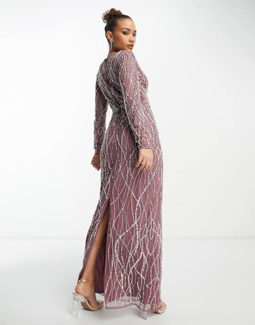 Beauut Bridesmaid all over embellished maxi dress in mauve, 3 of 4