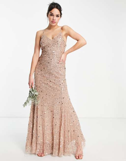 Beauut Bridesmaid All Over Embellished Maxi Dress With Cami Straps In Mink Asos 3463