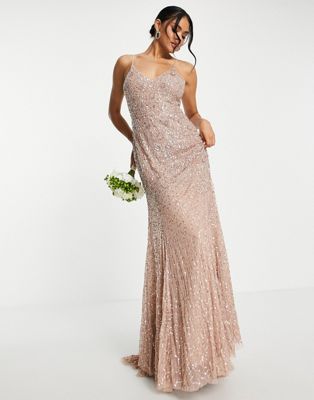 Beauut Bridesmaid all over embellished maxi dress with train in taupe