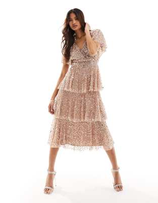 Beauut Beauut Bridesmaid all over embellished tiered midi dress in taupe-Pink