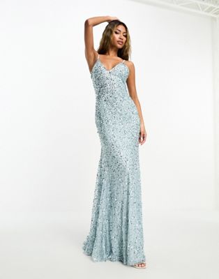 Beauut Bridesmaid allover embellished cami slip maxi dress with train in ice blue - ASOS Price Checker