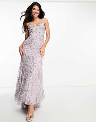 Beauut Bridesmaid allover embellished cami slip maxi dress with train in muted lavender-Purple