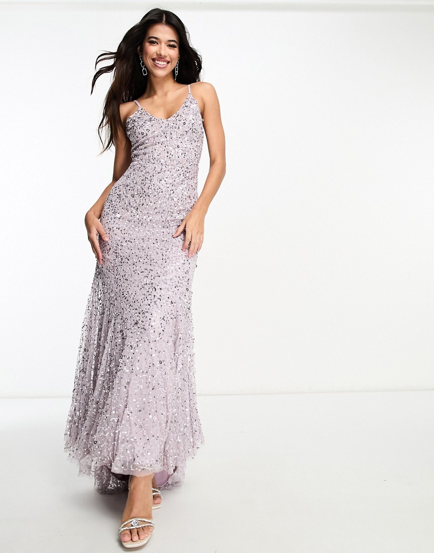 Beauut Bridesmaid Allover Embellished Cami Slip Maxi Dress With Train In Muted Lavender-purple